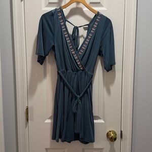 Teal Dress with Embroidered Trim